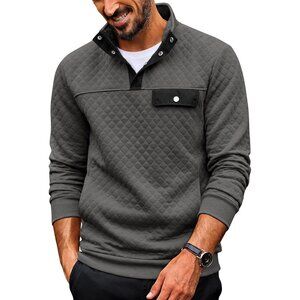 Men's Sweatshirt Quarter Button Pullover Sweatshirt Stand Collar Polo Dark Grey